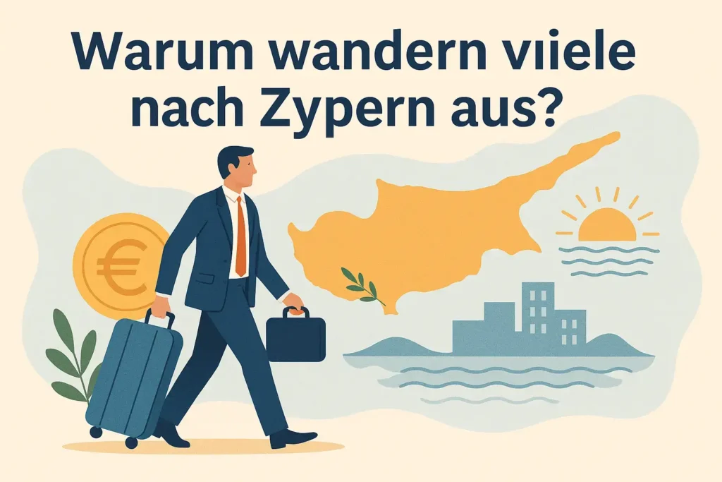 Mann mit Koffer zieht nach Zypern aus.