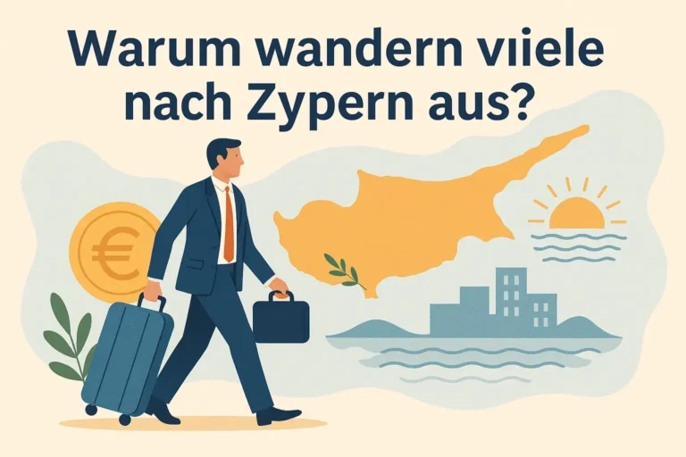 Mann mit Koffer zieht nach Zypern aus.